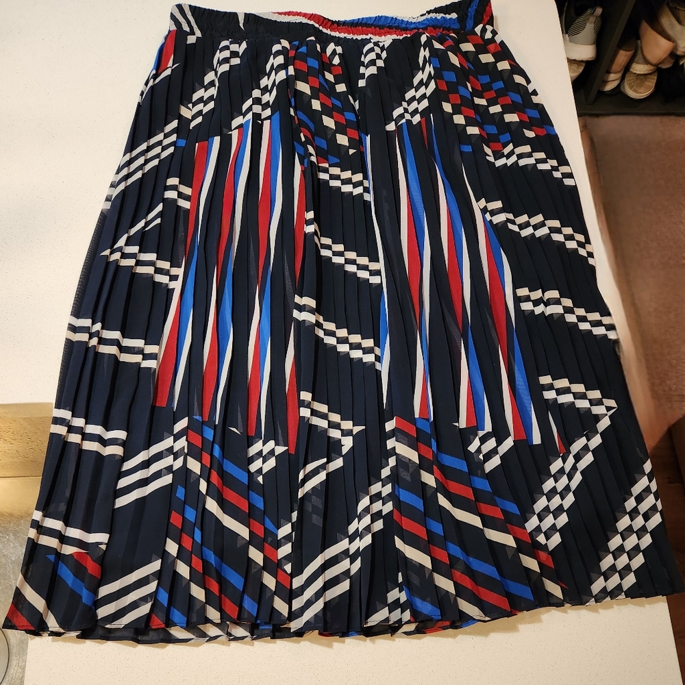 Roz & Ali Pleated Skirt Small Red Blue Black A-Line Elastic Waist